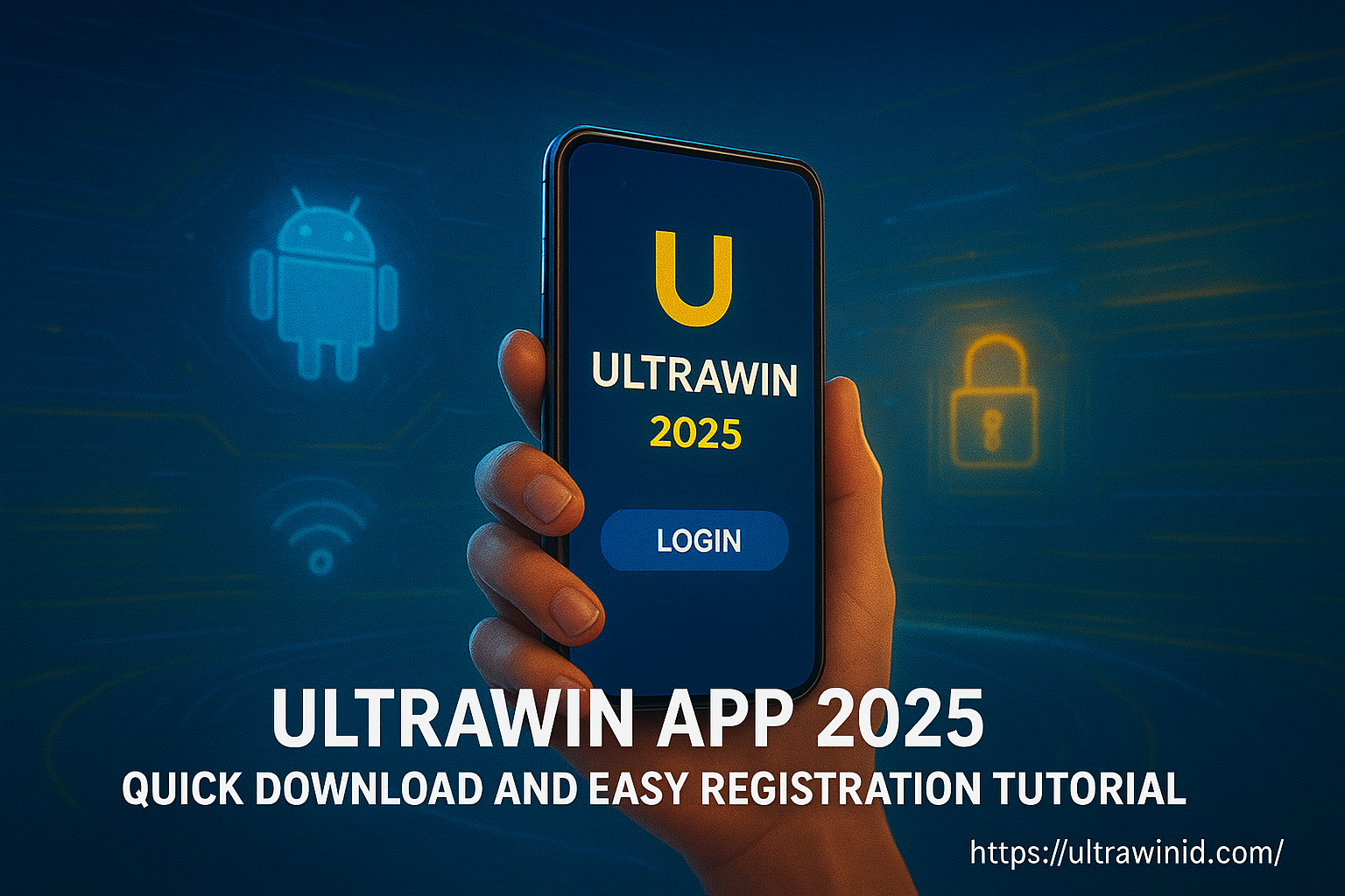 A futuristic smartphone displaying the Ultrawin 2025 app login screen in glowing blue and gold tones, held by a person in a digital tech-inspired environment with holographic icons and motion effects.