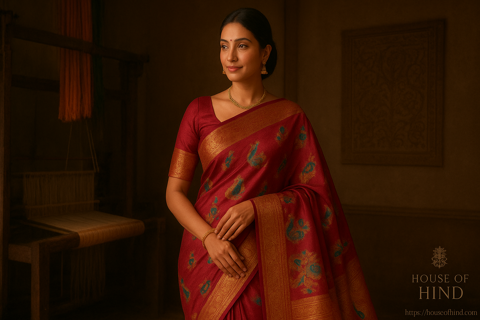 A woman elegantly dressed in a traditional Paithani saree with golden zari borders and peacock motifs stands in a royal Indian setting, surrounded by handloom elements that reflect skilled craftsmanship.