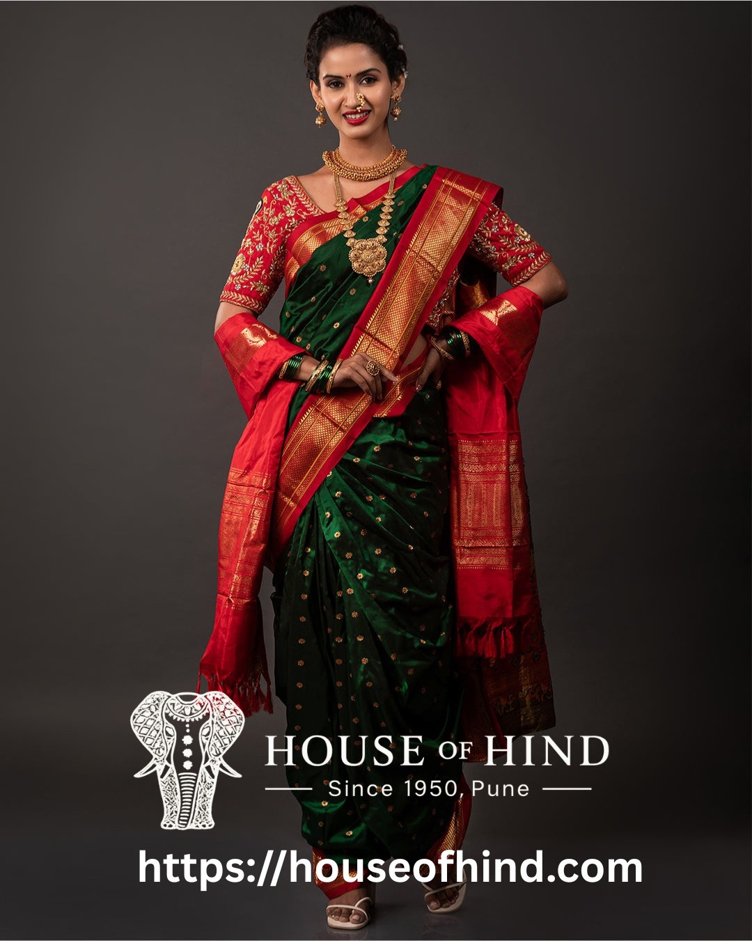 A woman wearing a traditional green Paithani saree from House of Hind, adorned with gold jewelry and standing gracefully in a festive outdoor setting.